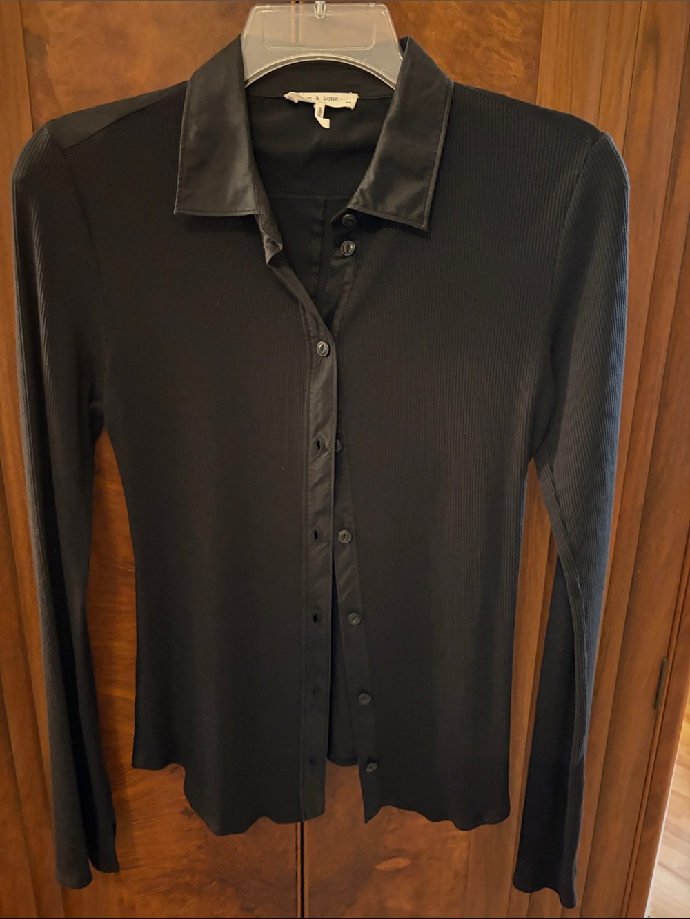 Rag and Bone Black Satin-Collar Button-Up Top